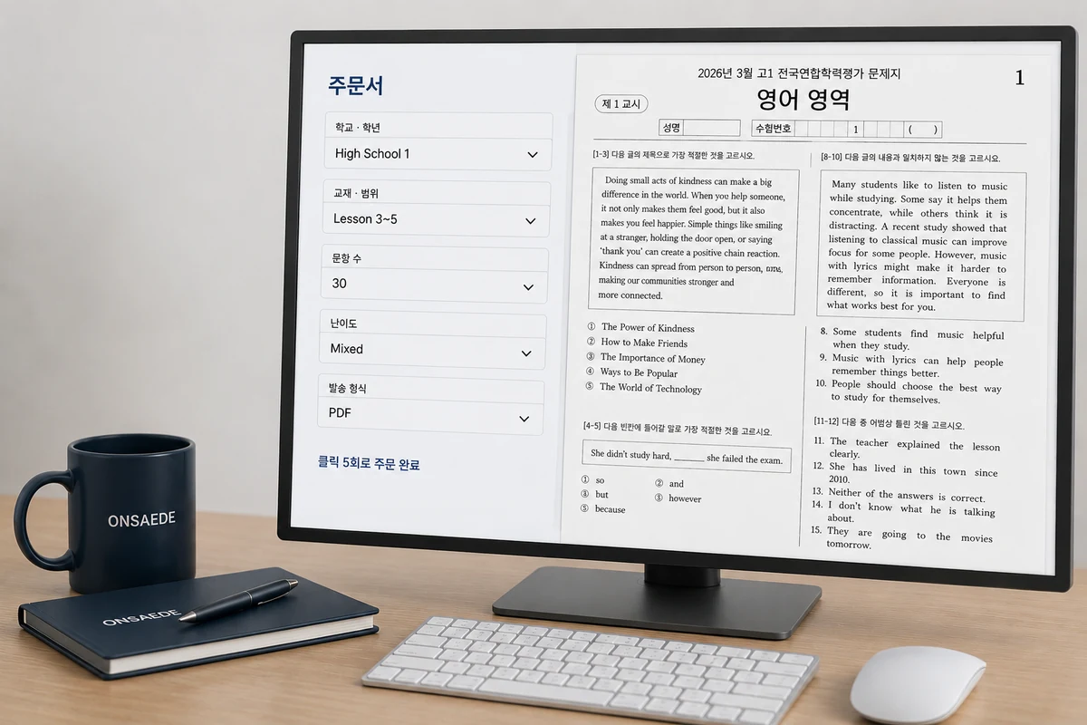 학교·범위·문항 수·난이도·형식을 클릭으로 고르면 주문이 끝나는 화면